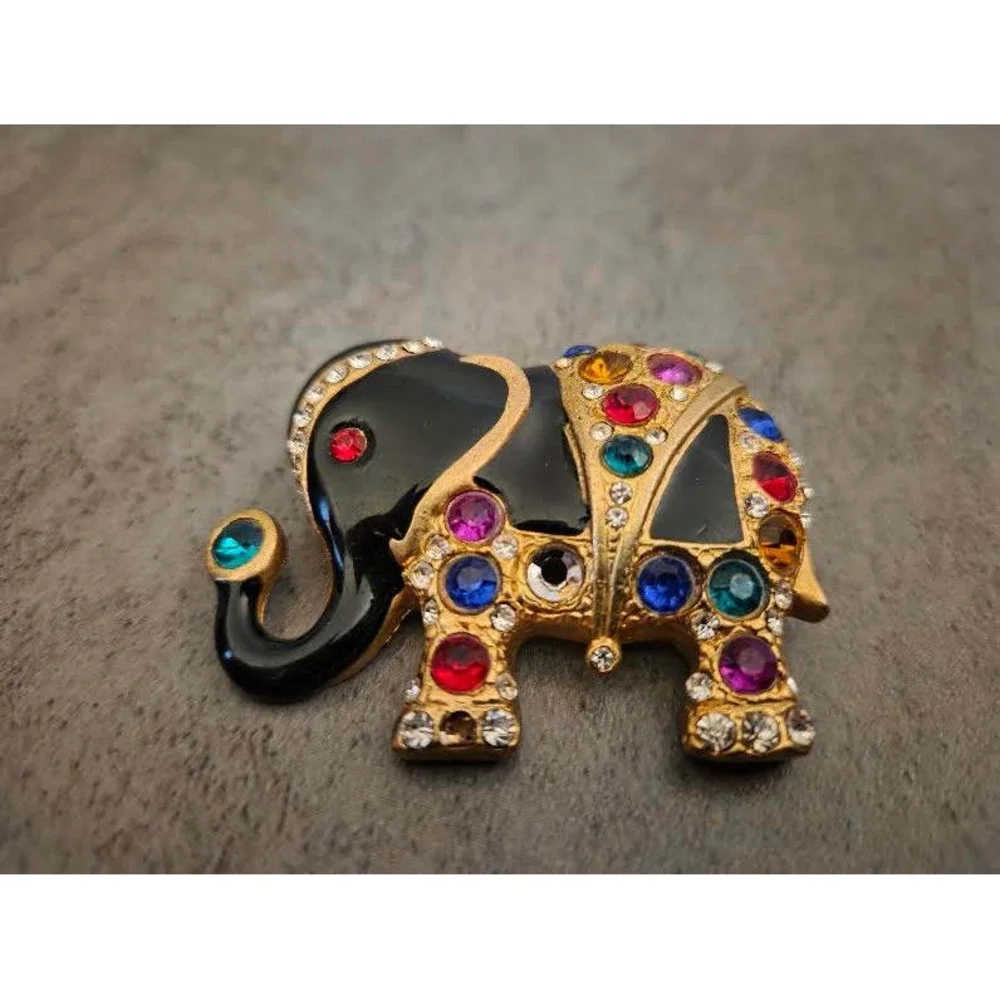 Vintage Gold Tone Multi Color Rhinestone Black Enamel Elephant Brooch Pin